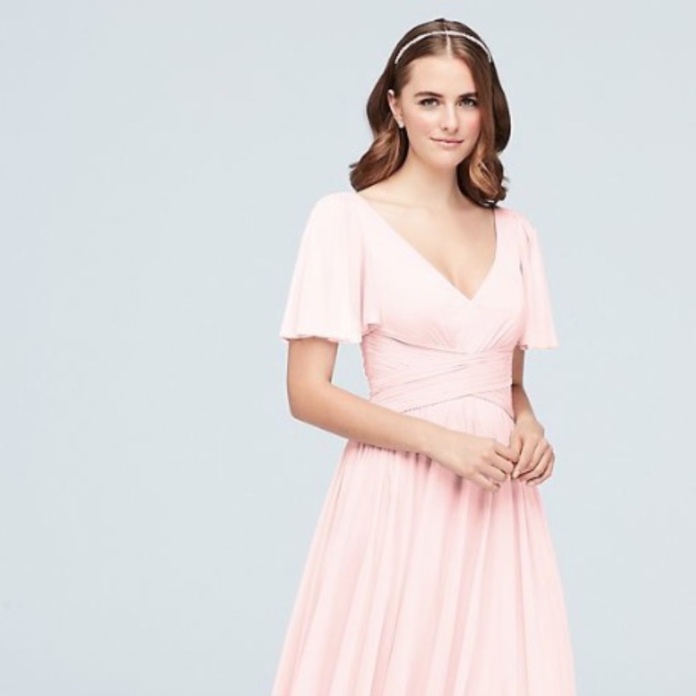 Flutter Sleeve Crisscross Mesh Bridesmaid Dress